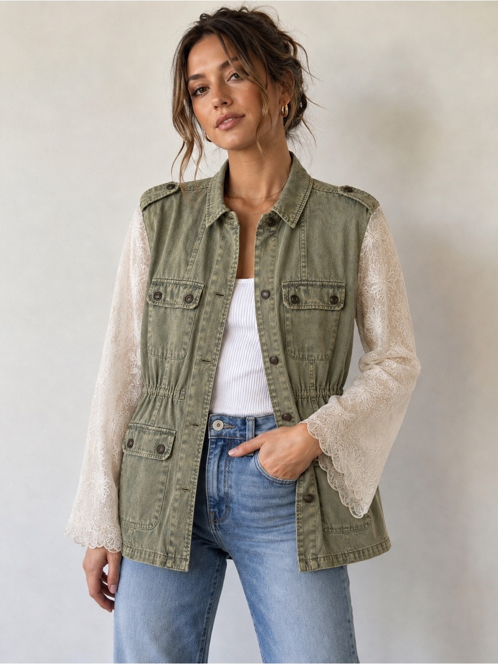 Gimmicks BKE Embroidered Lace Sleeve Military Utility Jacket Safari Olive Boho M